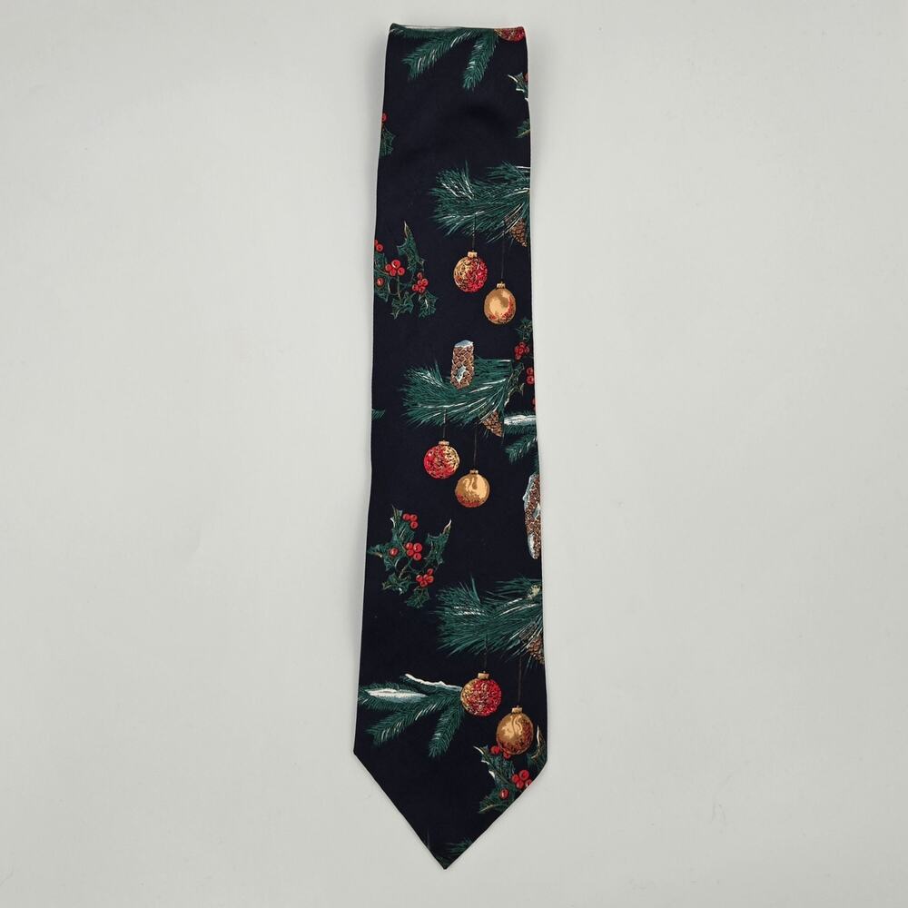 Wembley Vintage Christmas Holly, Evergreen, and Ornament 100% Silk Navy Blue Tie